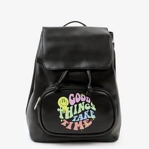 ARDENE Black Statement Backpack with 'Good Things Take Time' Graphic